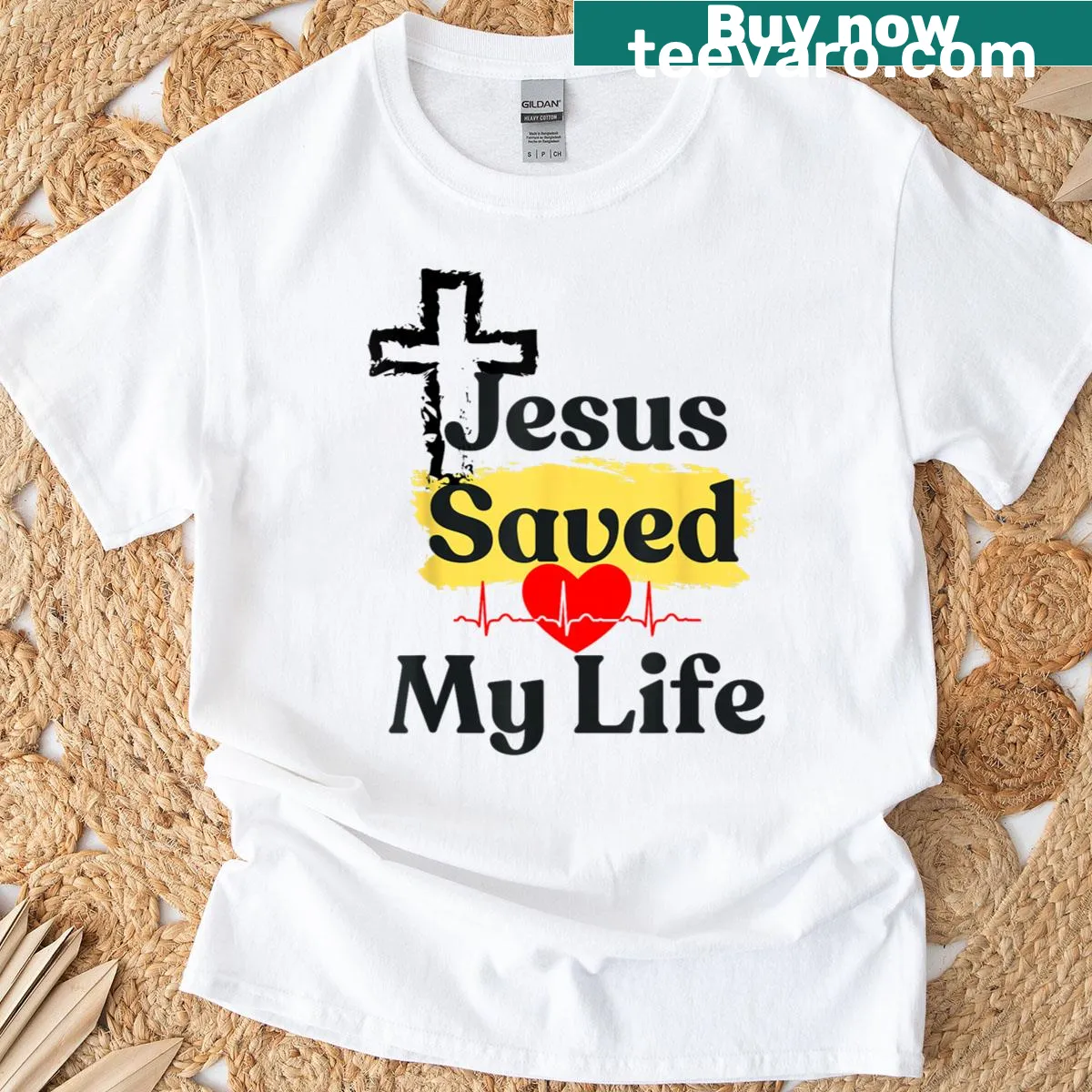 Faith-inspired T-shirt with the phrase 'Jesus Saved My Life' by Jaziz Gutierrez — on a men's t-shirt