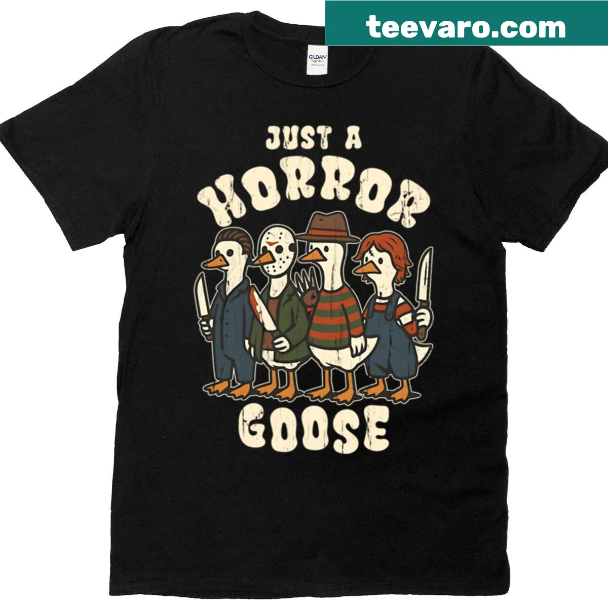T-shirt with the phrase 'Just A Horror Goose' for horror fans. — on a men's t-shirt