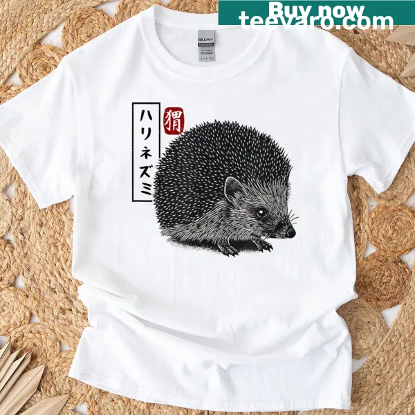 T-shirt featuring Kanji art with a hedgehog illustration