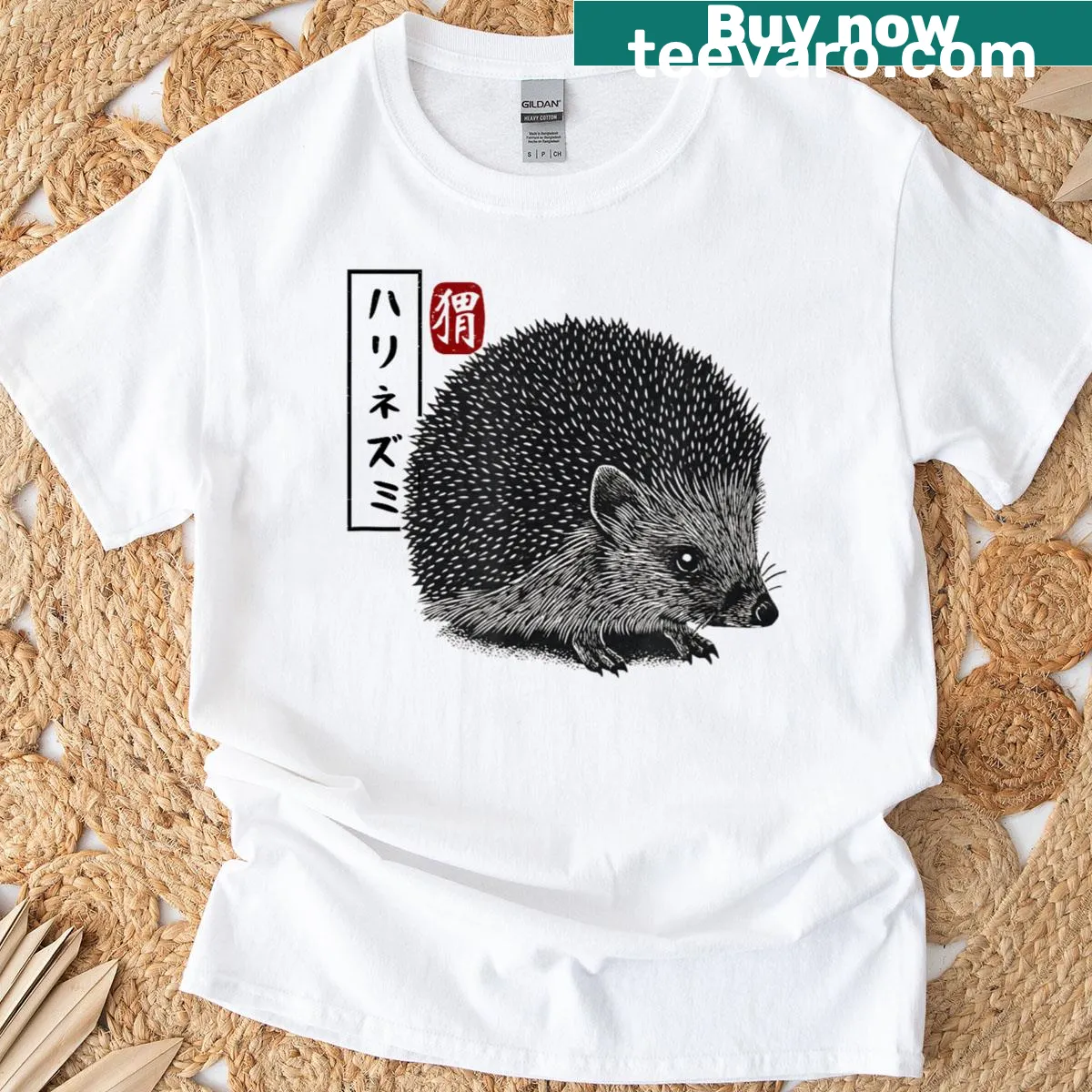 T-shirt featuring Kanji art with a hedgehog illustration — on a men's t-shirt