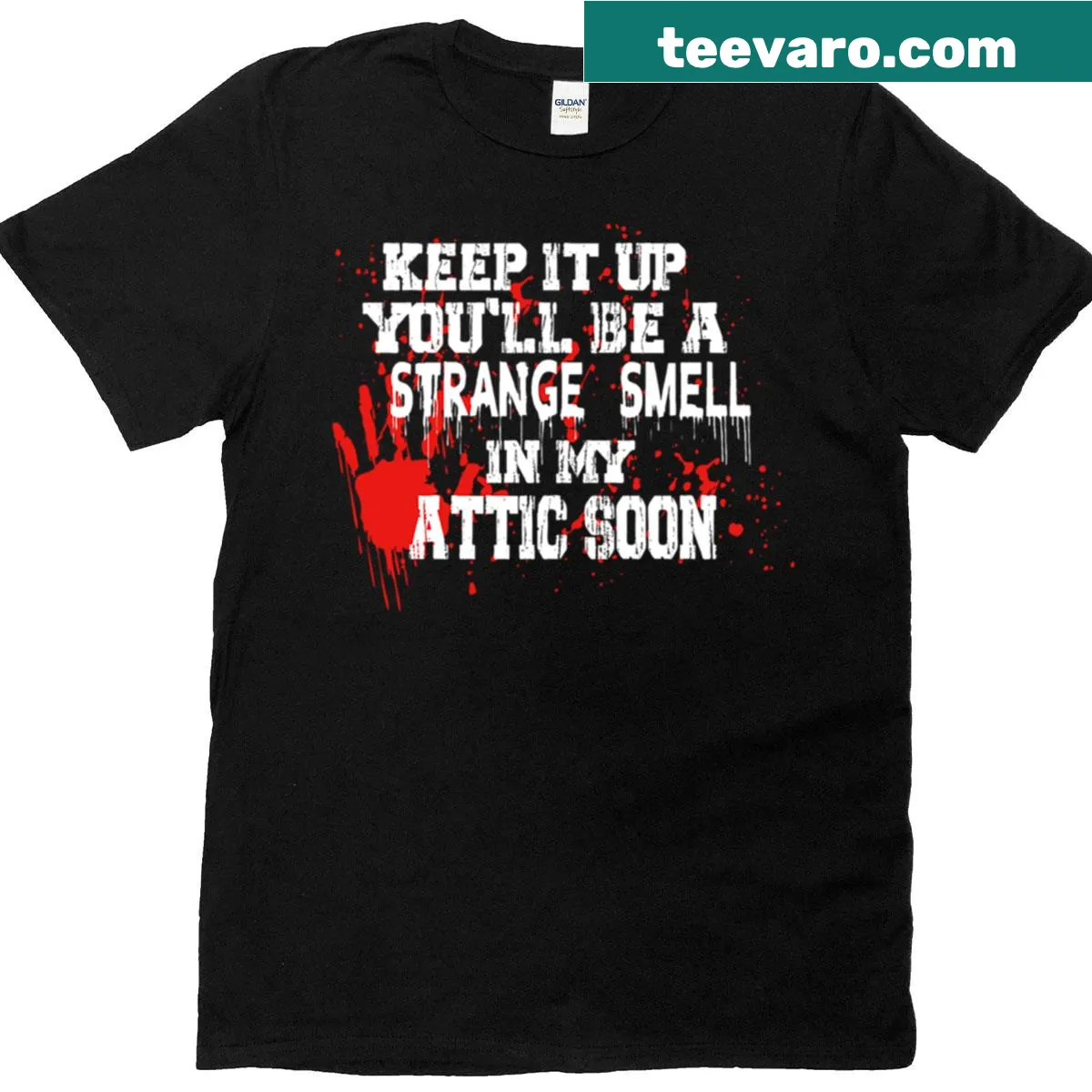 Funny t-shirt with humorous text about strange smells in the attic — on a men's t-shirt