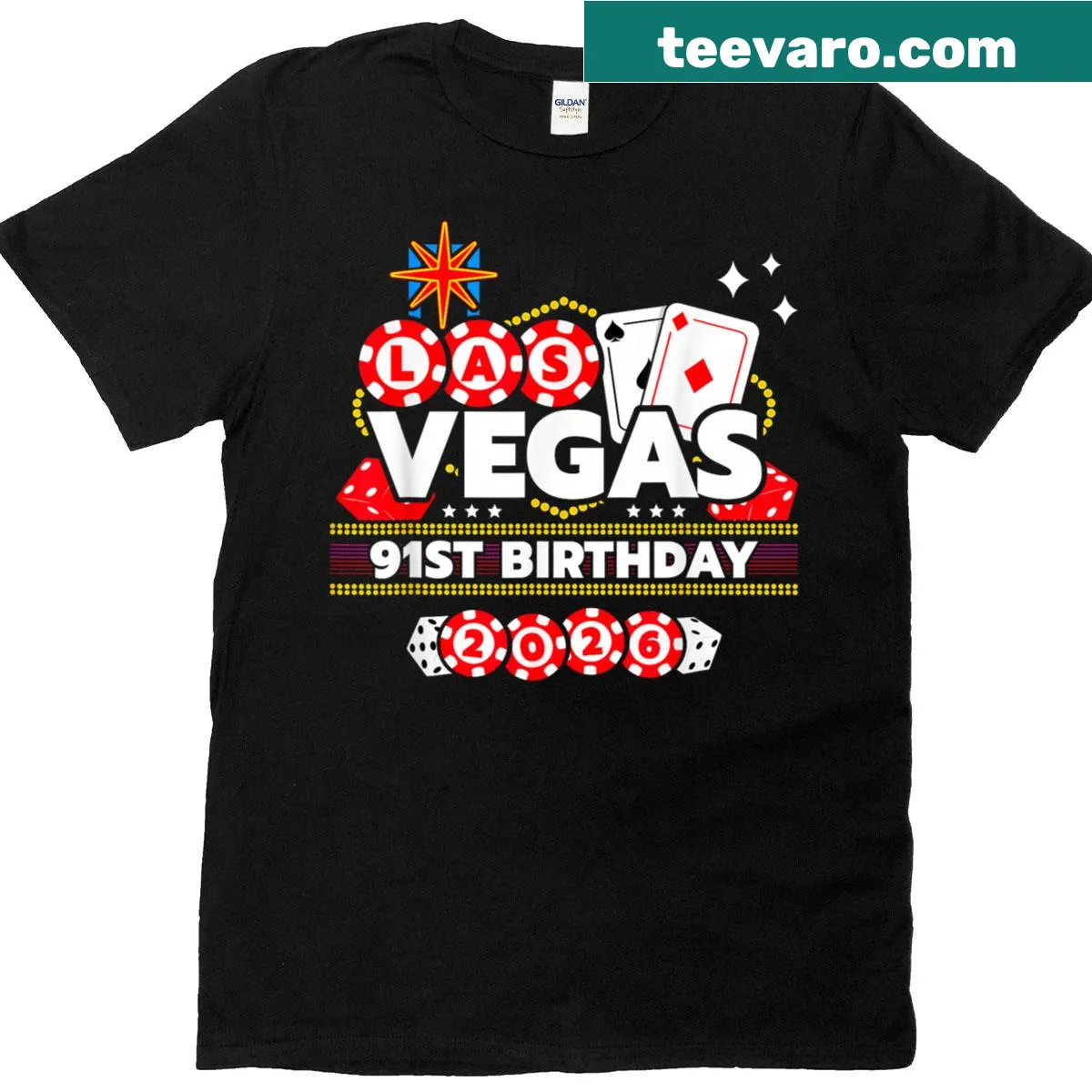 T-shirt for a 91st birthday party in Las Vegas with festive graphics — on a men's t-shirt