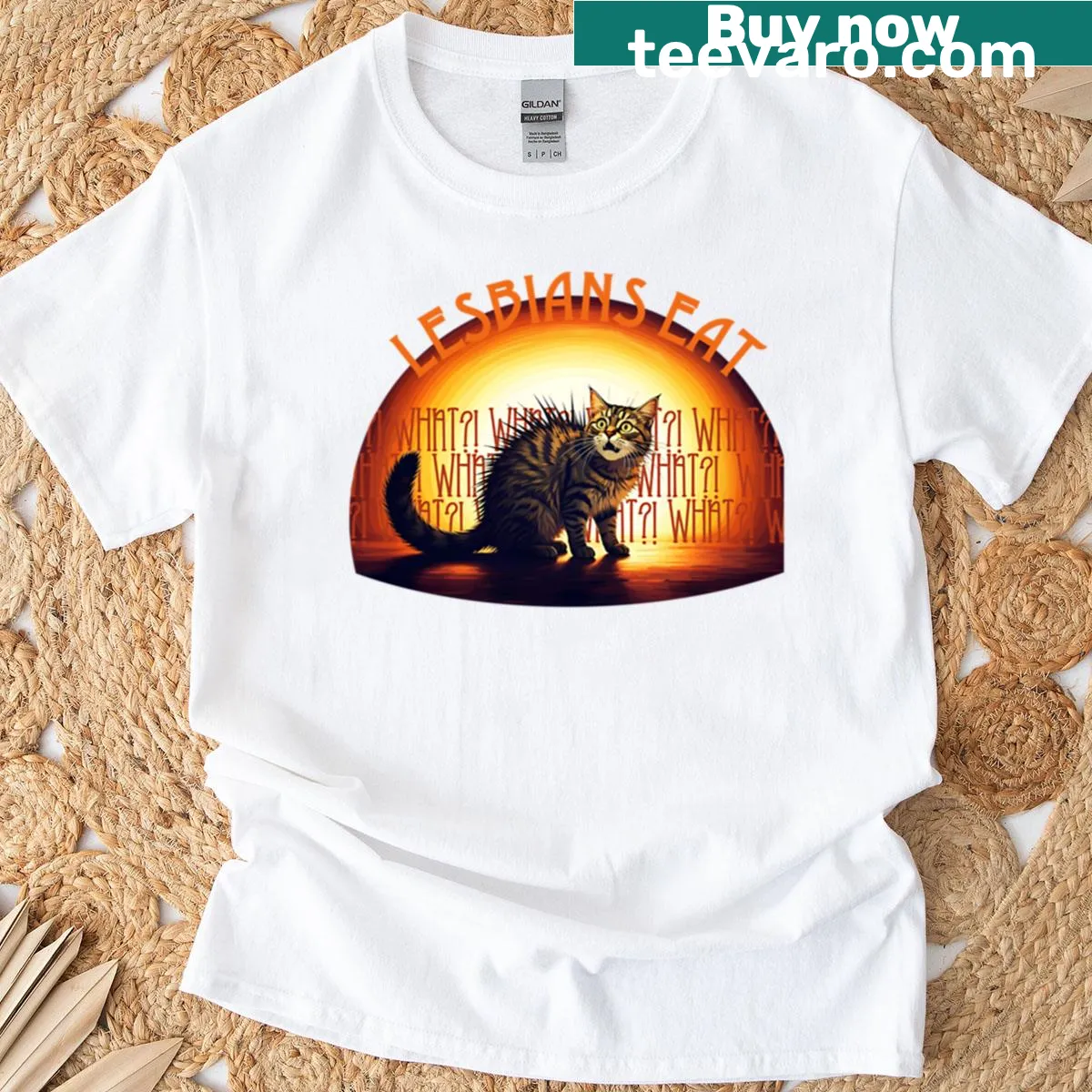 Funny t-shirt with a meme cat and 'Lesbians Eat What' text — on a men's t-shirt