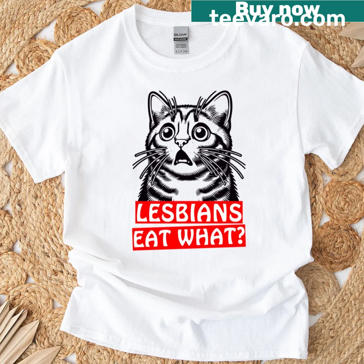 Funny shocked cat with 'Lesbians Eat What' text on t-shirt — on a men's t-shirt