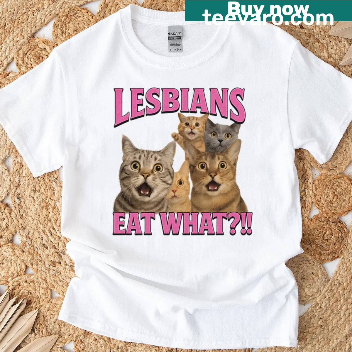 Humorous cat meme t-shirt with 'Lesbians Eat What' text — on a men's t-shirt