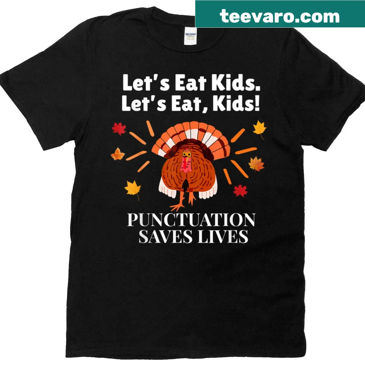 Funny Thanksgiving teacher t-shirt about punctuation — on a men's t-shirt