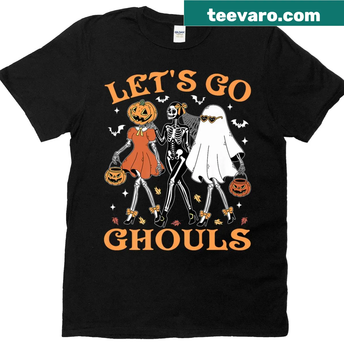 Halloween-themed shirt featuring playful ghosts, skeletons, and pumpkins — on a men's t-shirt