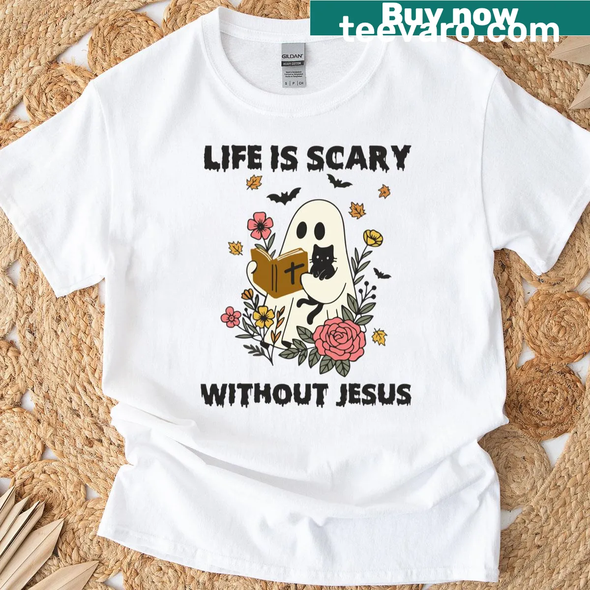 Christian Halloween shirt with the text 'Life Is Scary Without Jesus' — on a men's t-shirt