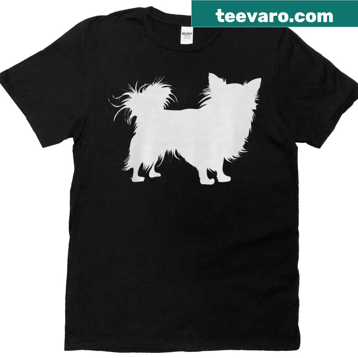 Cute t-shirt featuring a long-haired Chihuahua illustration. — on a men's t-shirt