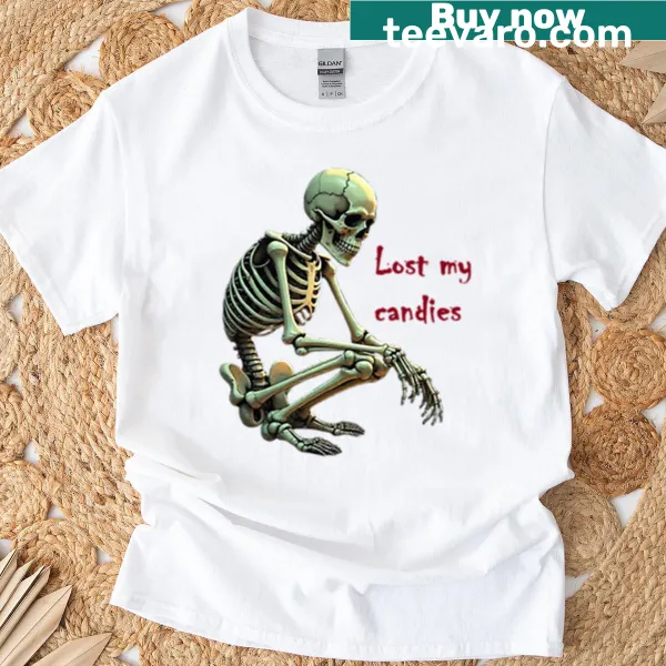 Playful Halloween t-shirt with a skeleton and 'Lost My Candies' phrase