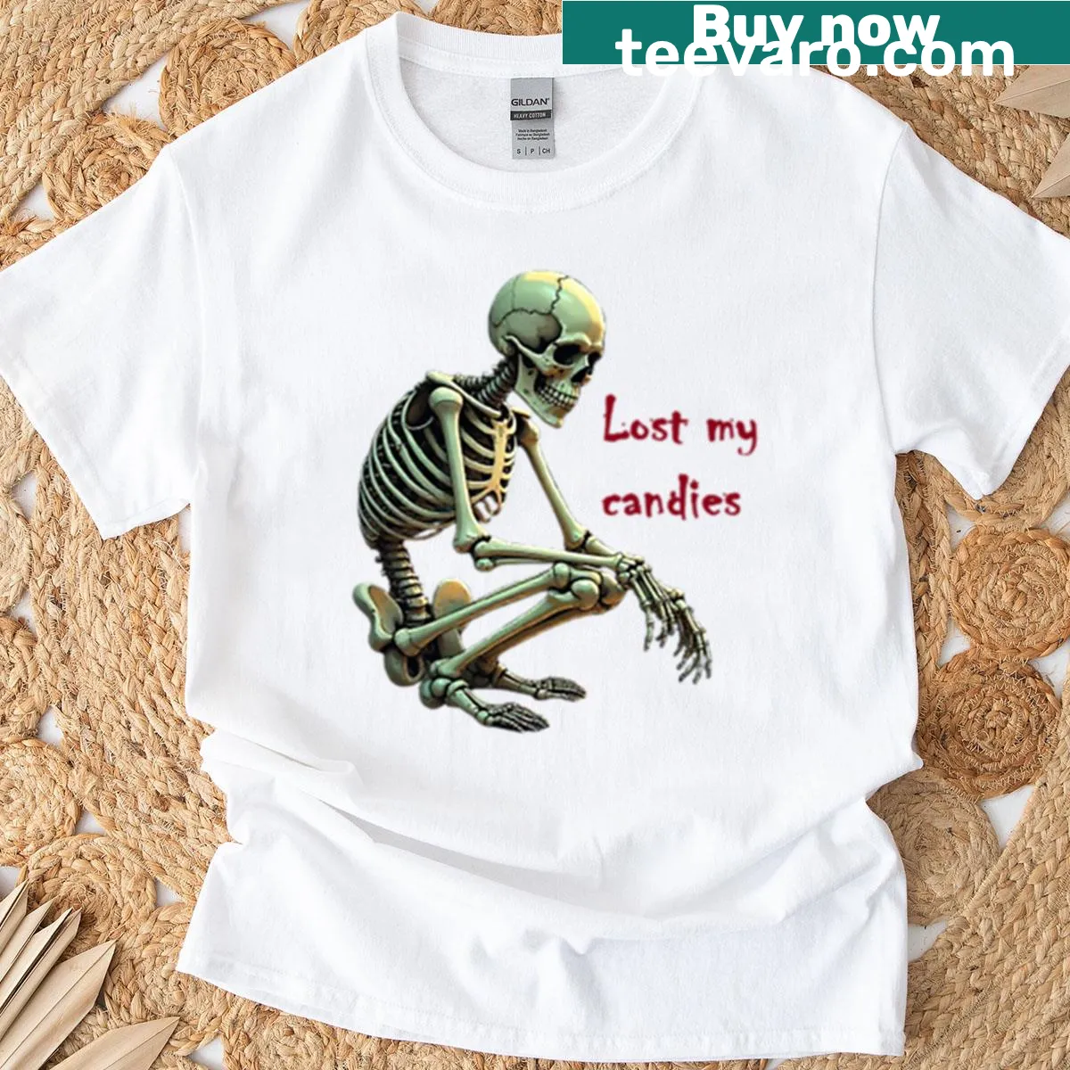 Playful Halloween t-shirt with a skeleton and 'Lost My Candies' phrase — on a men's t-shirt