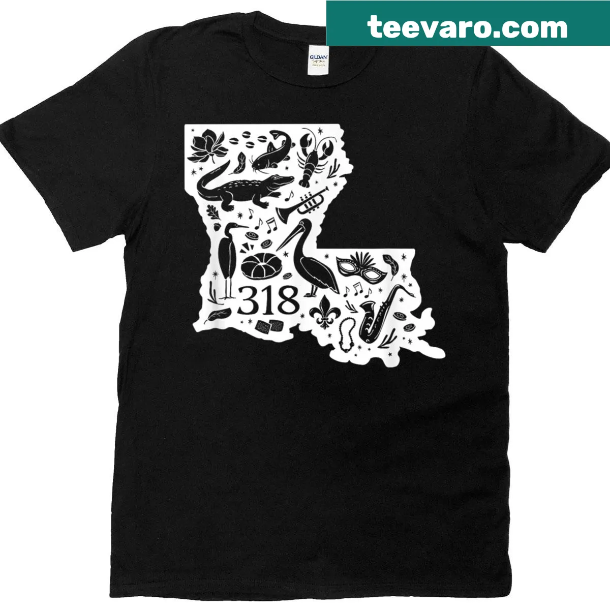 Outline of Louisiana with state symbols on T-shirt — on a men's t-shirt