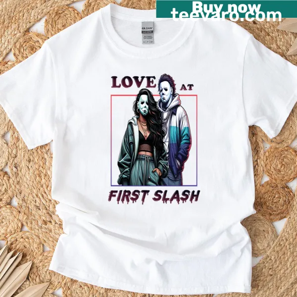 T-shirt featuring playful artwork with 'Love At First Slash' theme