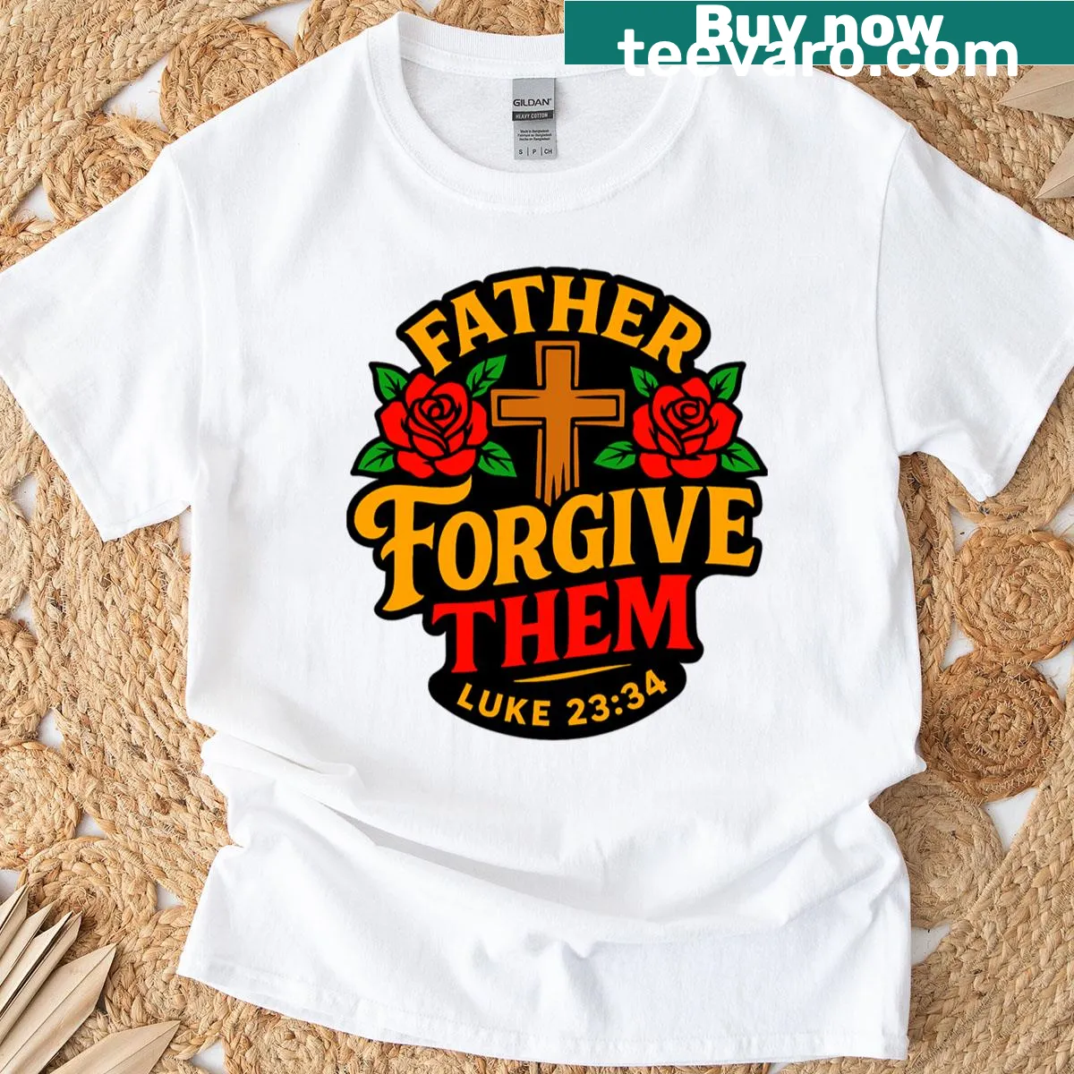 Faith-inspired T-shirt with the phrase 'Father, forgive them' from Luke 23:34 — on a men's t-shirt