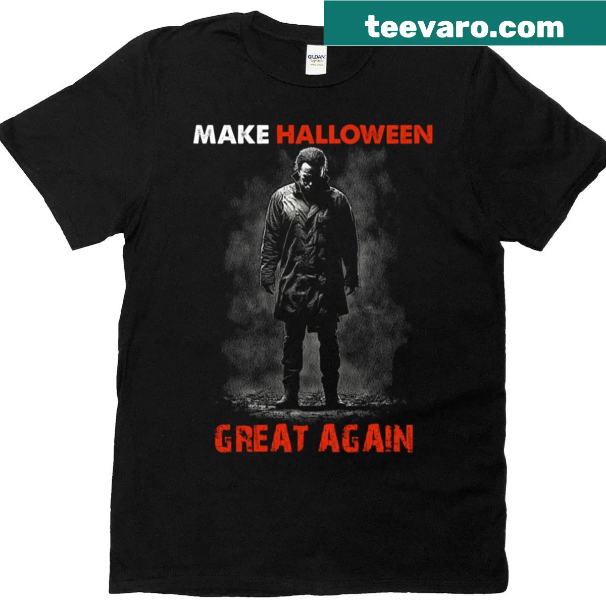 Horror-themed t-shirt with the phrase 'Make Halloween Great Again' in bold typography. — on a men's t-shirt