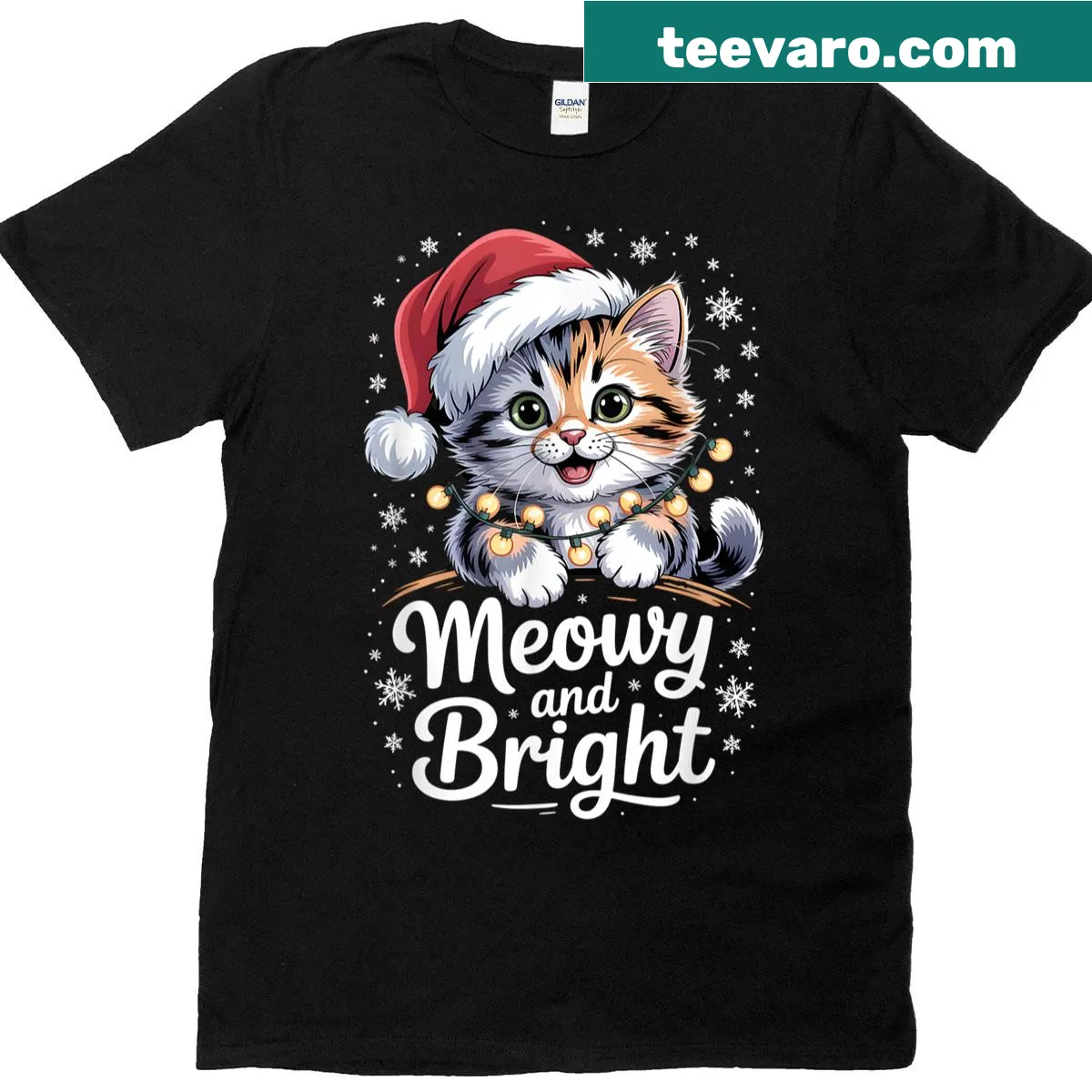 Cute holiday-themed t-shirt with cats and the phrase 'Meowy And Bright' — on a men's t-shirt