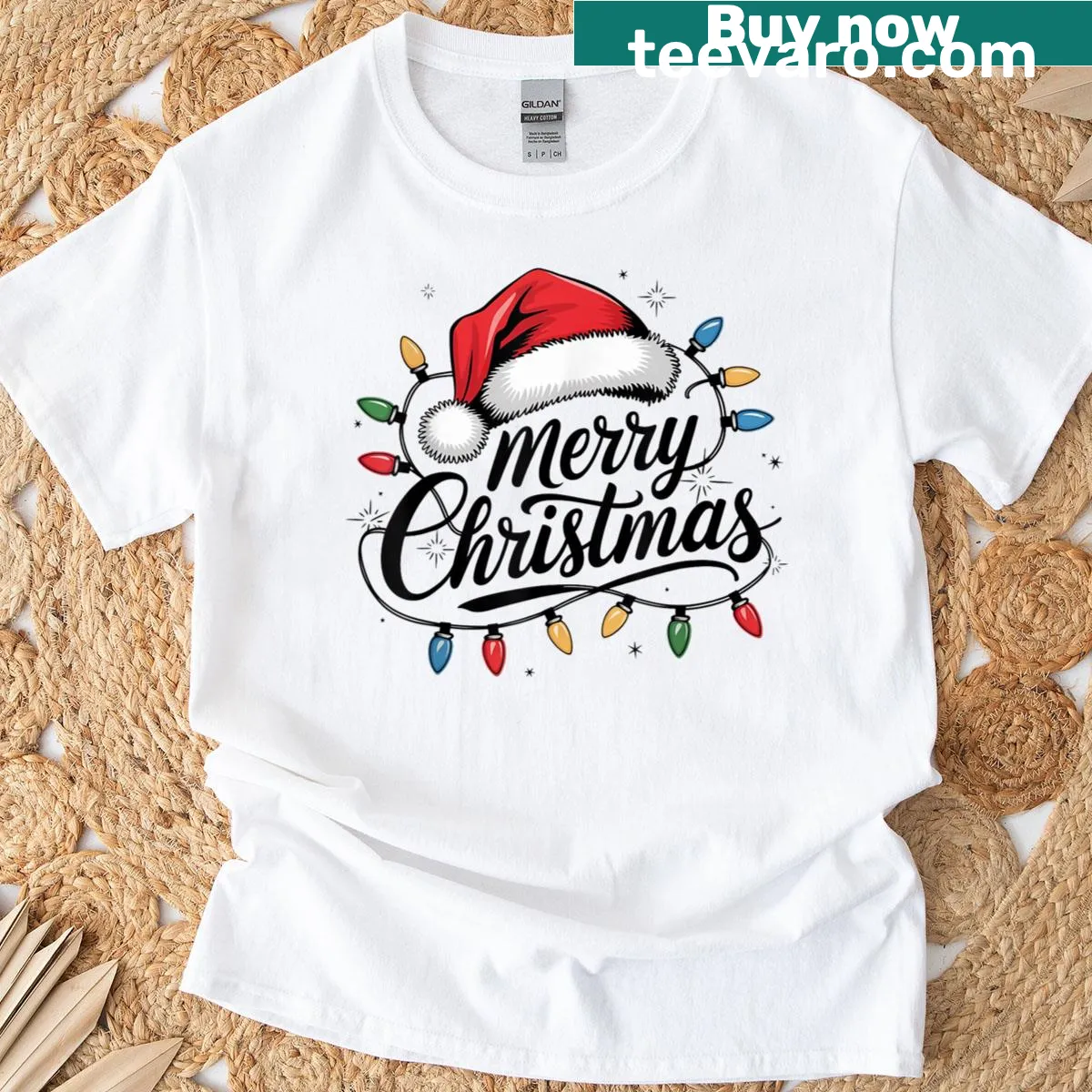 Festive Christmas T-shirt with Santa hat and lights — on a men's t-shirt