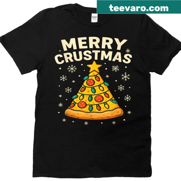 Funny Christmas t-shirt with a pizza tree design reading 'Merry Crustmas'