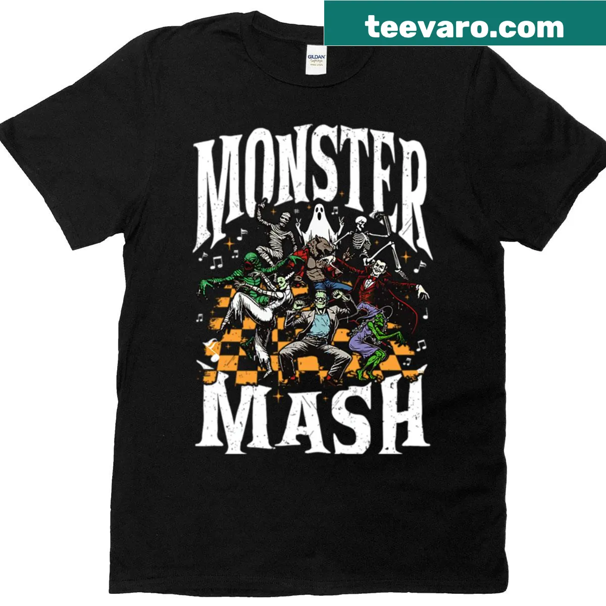 Retro Halloween t-shirt featuring funny monsters for Halloween fun — on a men's t-shirt