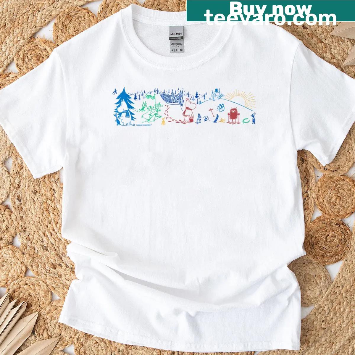 Moomin-themed T-shirt showcasing winter sports graphics and characters — on a men's t-shirt