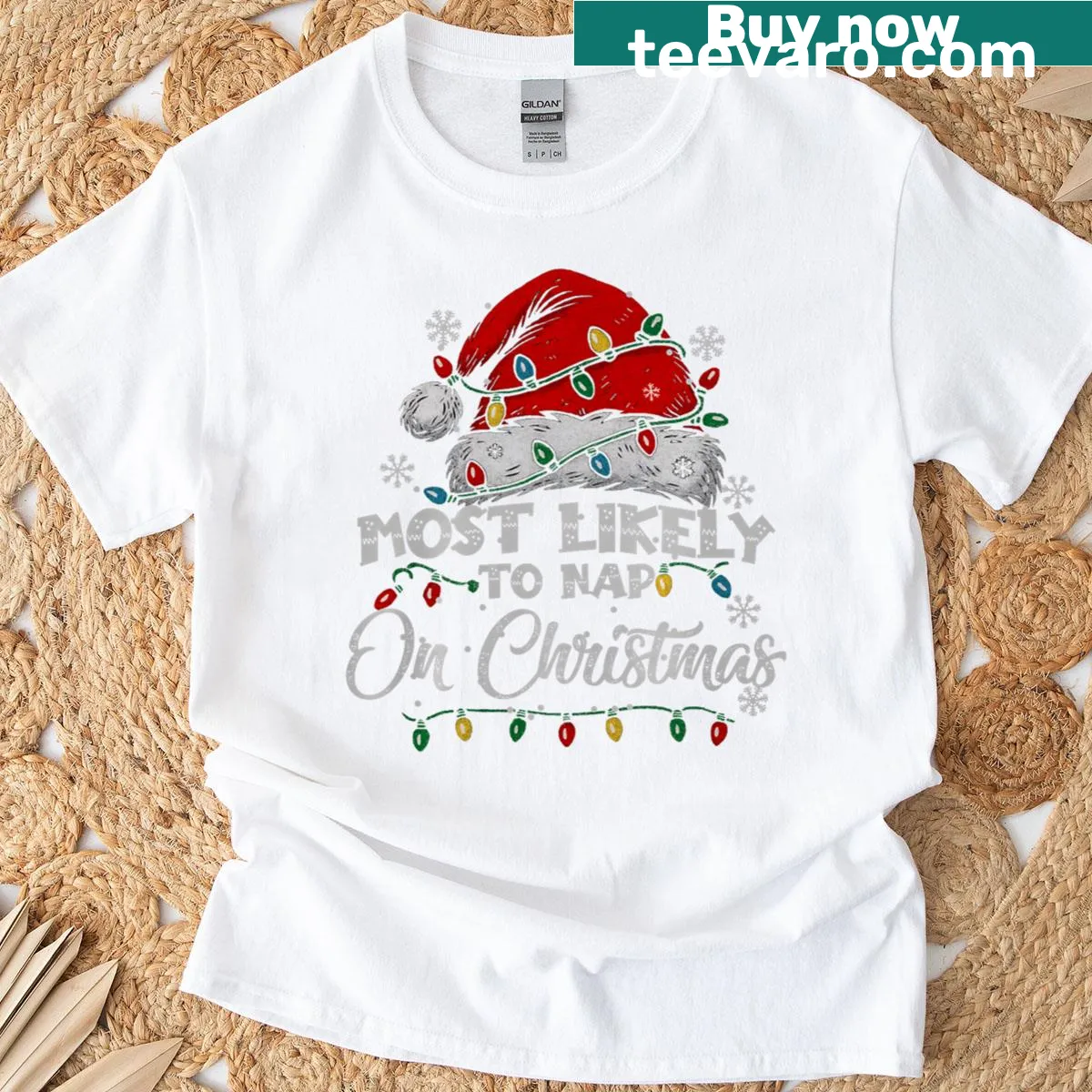 Funny Christmas t-shirt with a napping theme — on a men's t-shirt