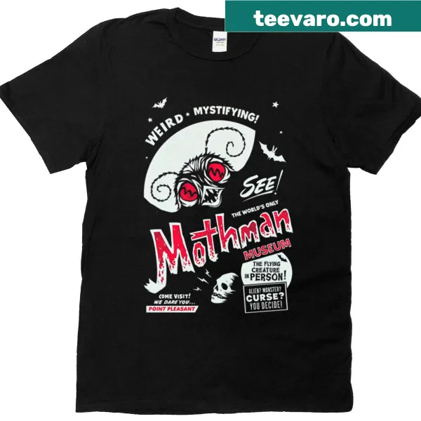 Vintage-style Mothman museum poster design on a casual t-shirt