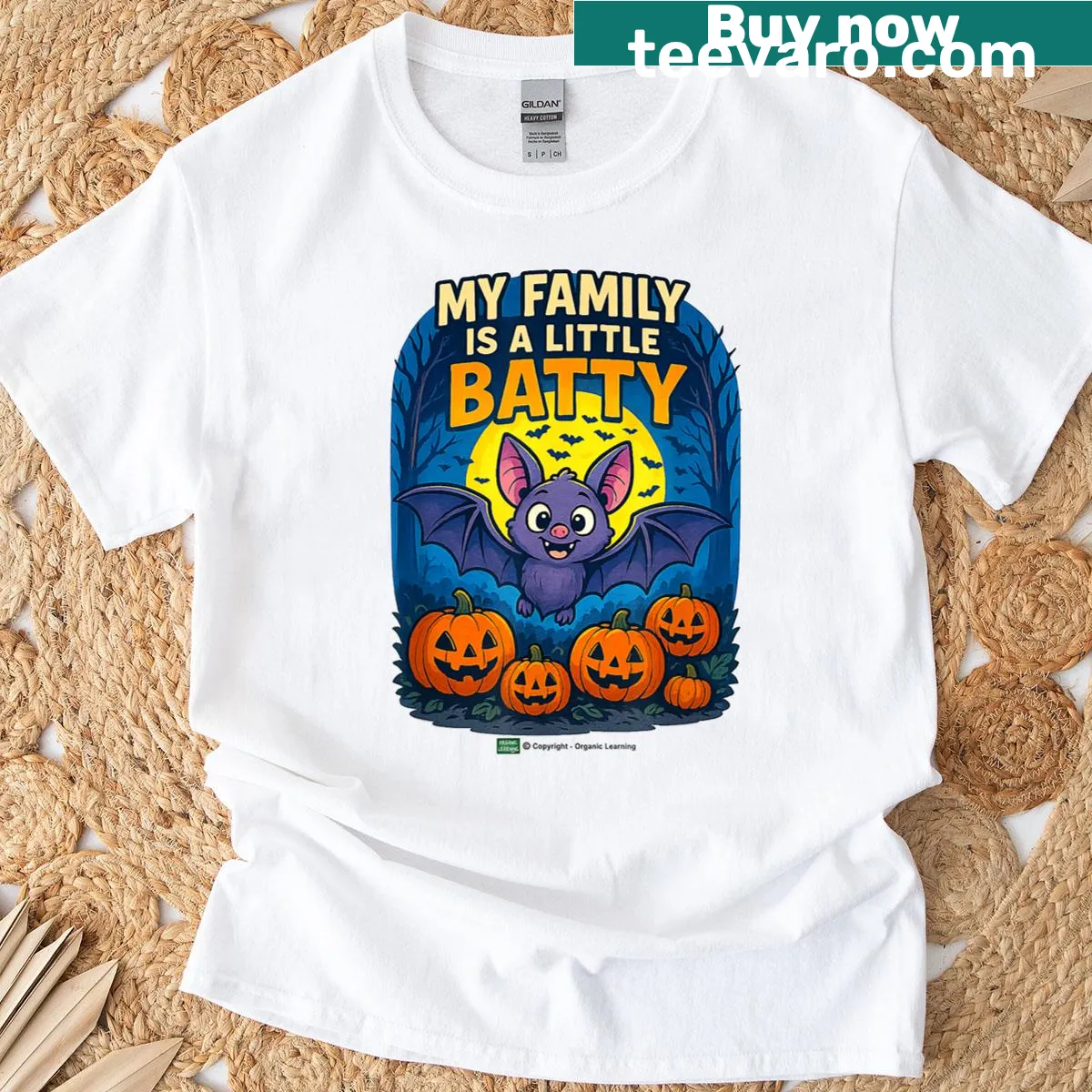 T-shirt featuring 'My Family Is A Little Batty' Halloween design — on a men's t-shirt