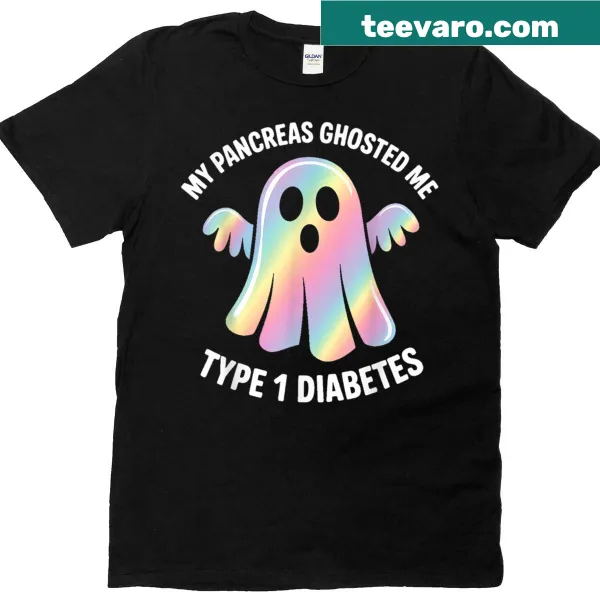 Cartoon ghost design with the phrase 'My Pancreas Ghosted Me' on a fun t-shirt