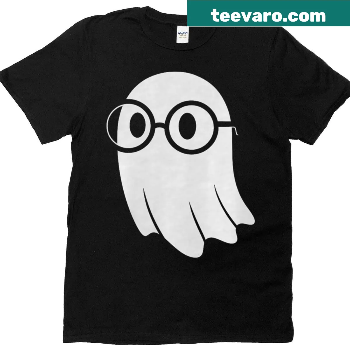 Playful t-shirt featuring a nerdy ghost with glasses for Halloween — on a men's t-shirt