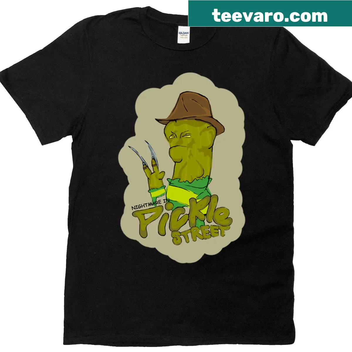 Cartoon T-shirt featuring a whimsical nightmare theme on Pickle Street — on a men's t-shirt
