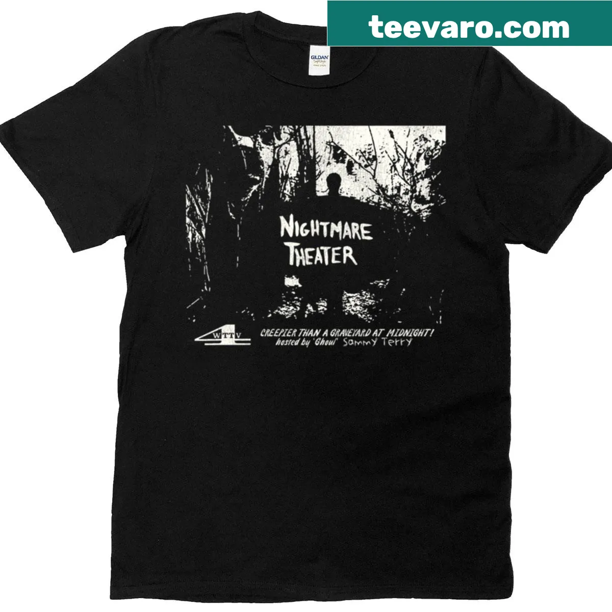 Graphic t-shirt featuring Sammy Terry from Nightmare Theater in a spooky design — on a men's t-shirt
