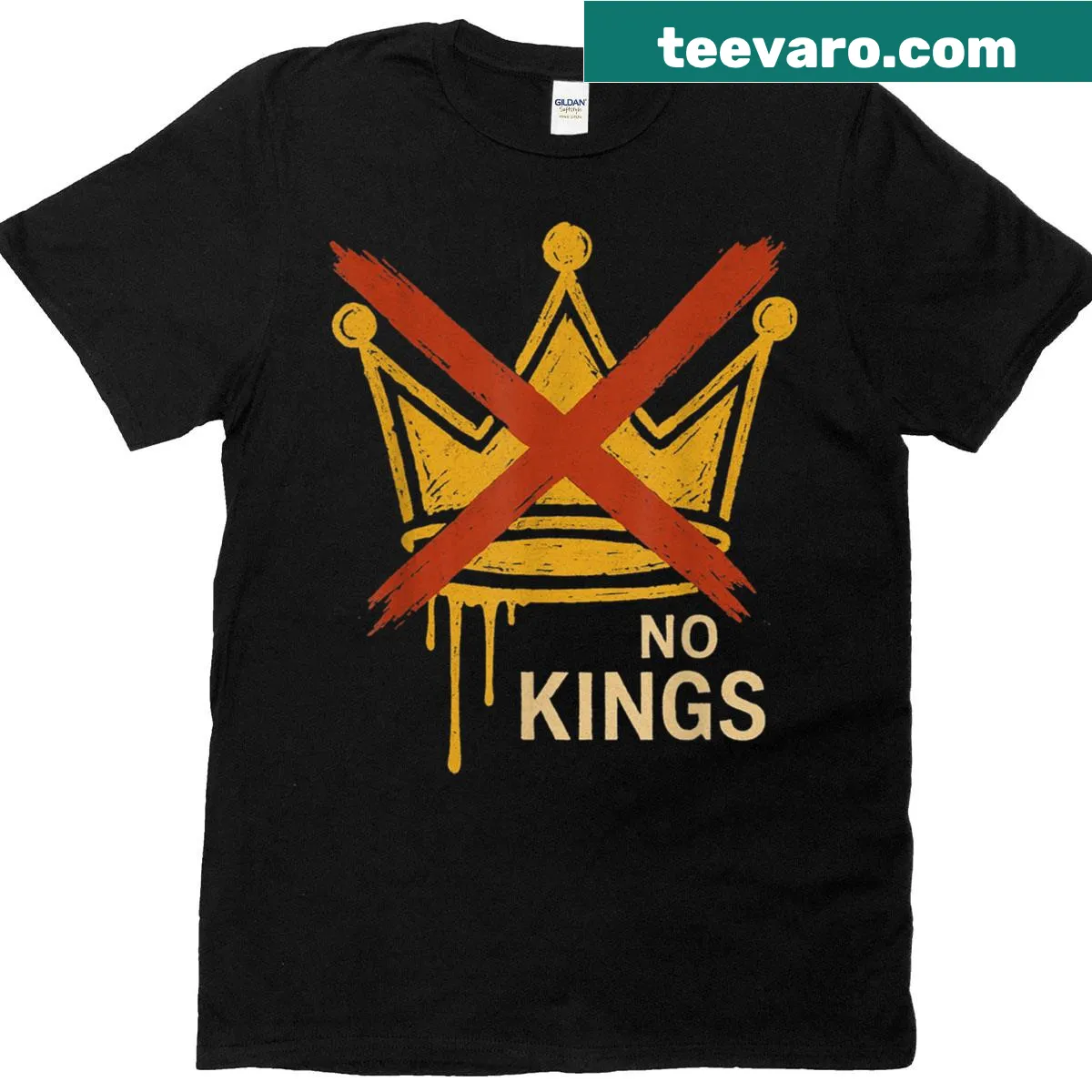 Retro-style T-shirt with a protest sign graphic reading 'No Kings' — on a men's t-shirt