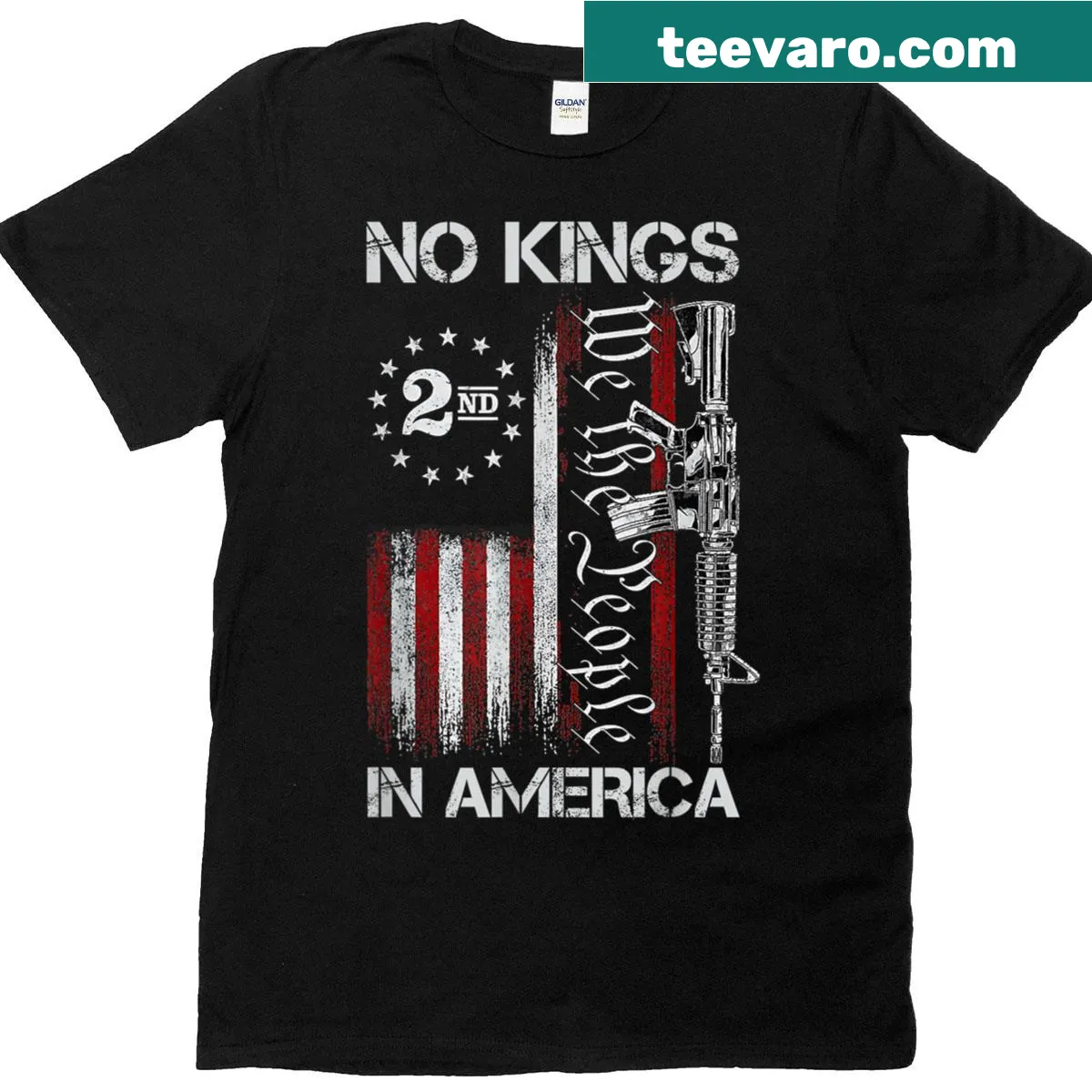 Vintage-style T-shirt featuring an American flag and 'No Kings' text — on a men's t-shirt