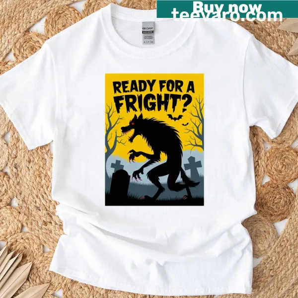 Scary clown graphic with text on oversized Halloween t-shirt