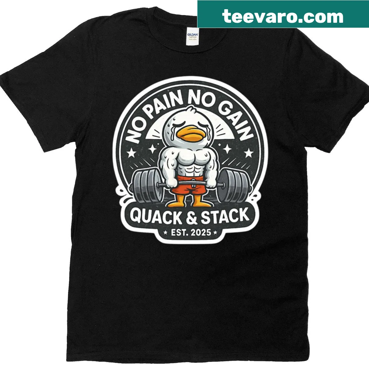 Funny T-shirt featuring a gym duck and the phrase 'No Pain No Gain' — on a men's t-shirt