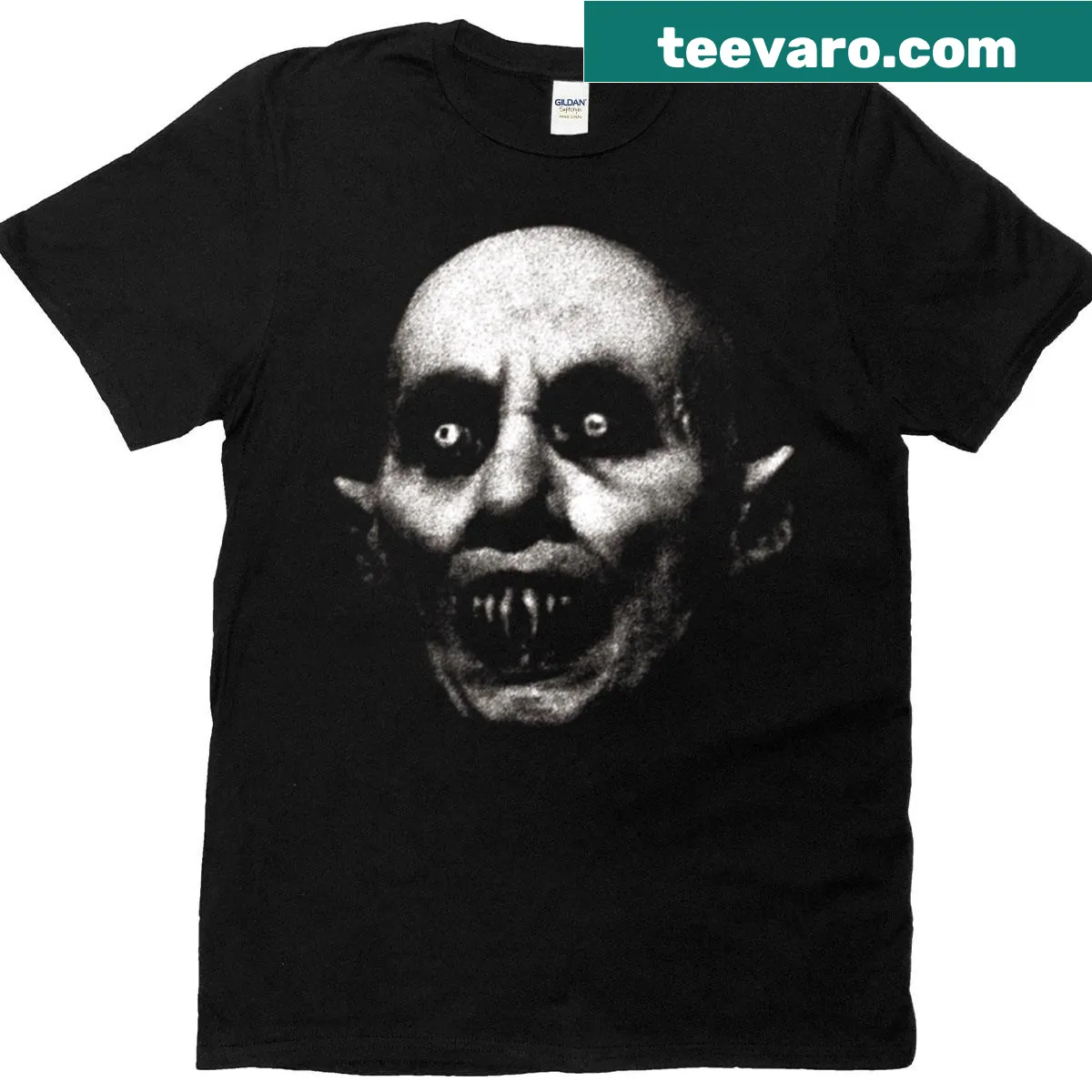 Gothic Nosferatu vampire graphic on Halloween-themed t-shirt — on a men's t-shirt