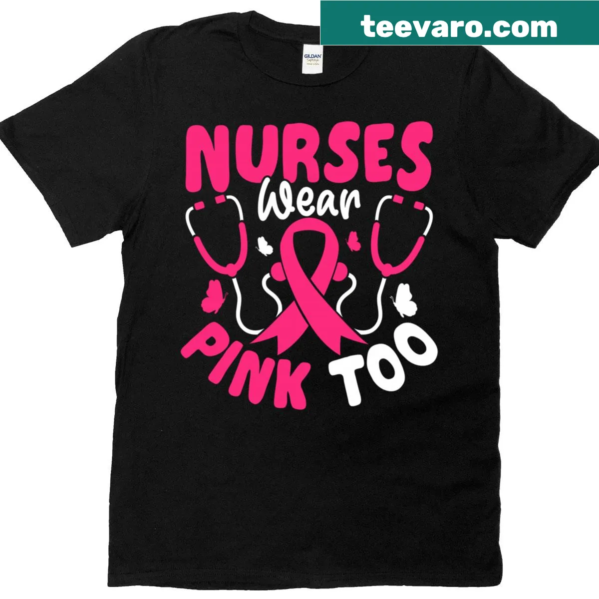 Breast cancer awareness T-shirt for nurses with the text 'Nurses Wear Pink Too' — on a men's t-shirt