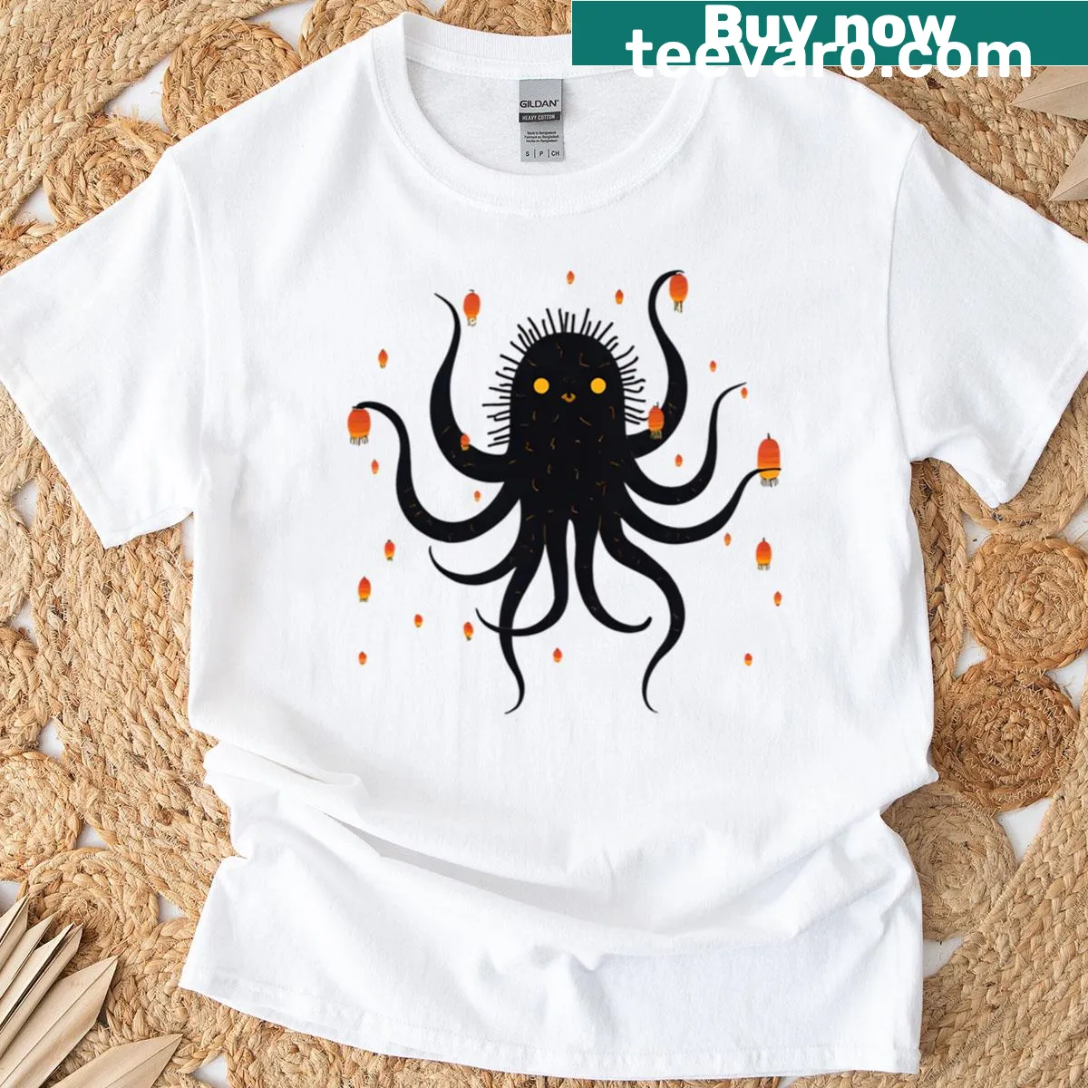Whimsical octopus design with Halloween elements on a t-shirt — on a men's t-shirt