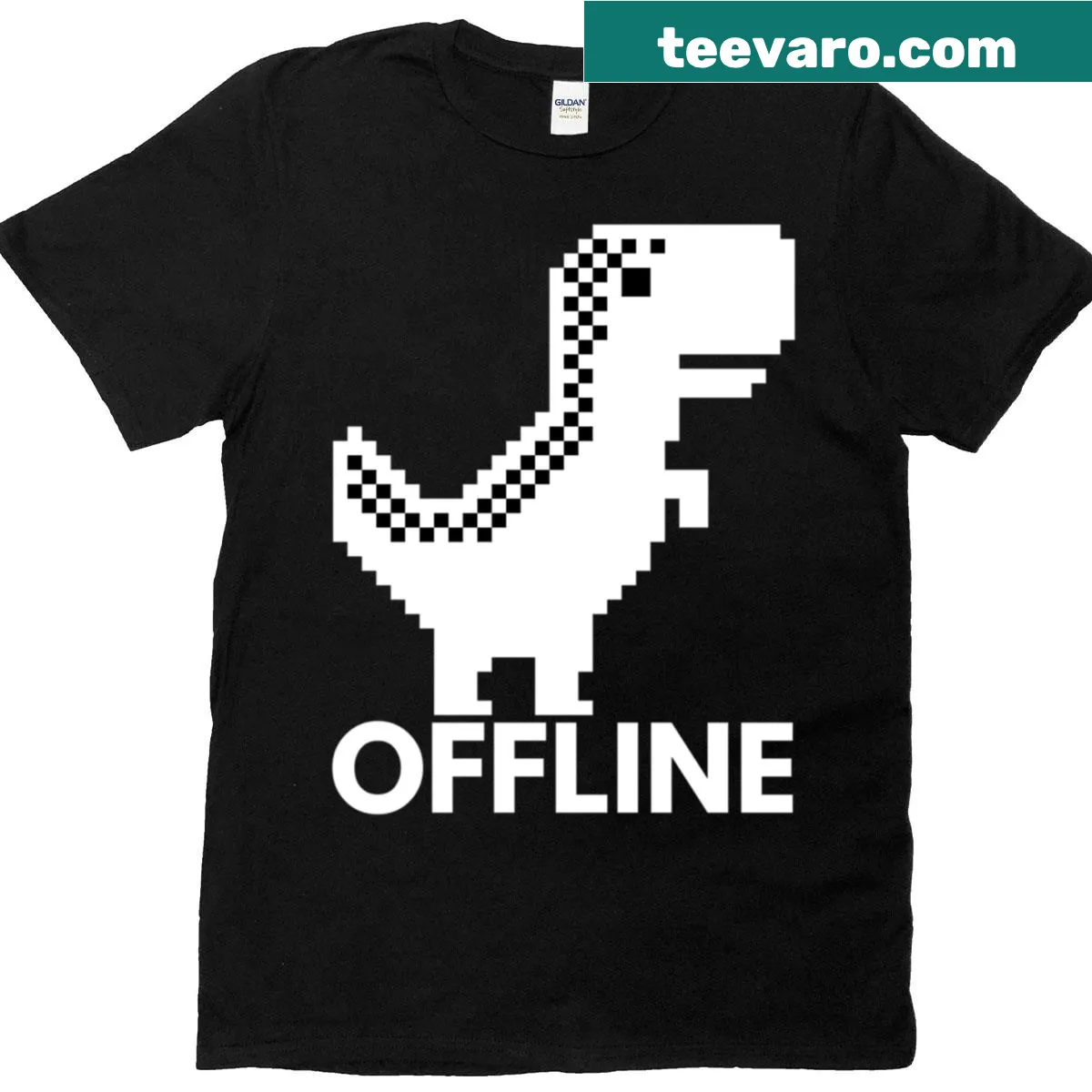Retro pixel art dinosaur graphic on a humorous t-shirt — on a men's t-shirt