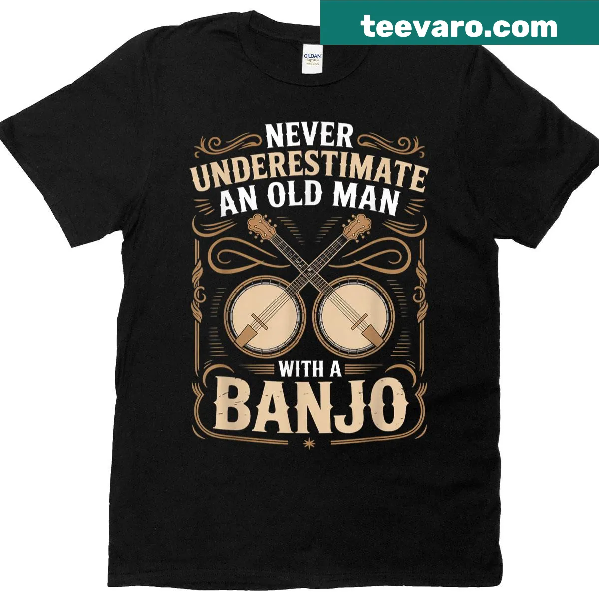 Illustration of an old man playing a banjo on a T-shirt — on a men's t-shirt