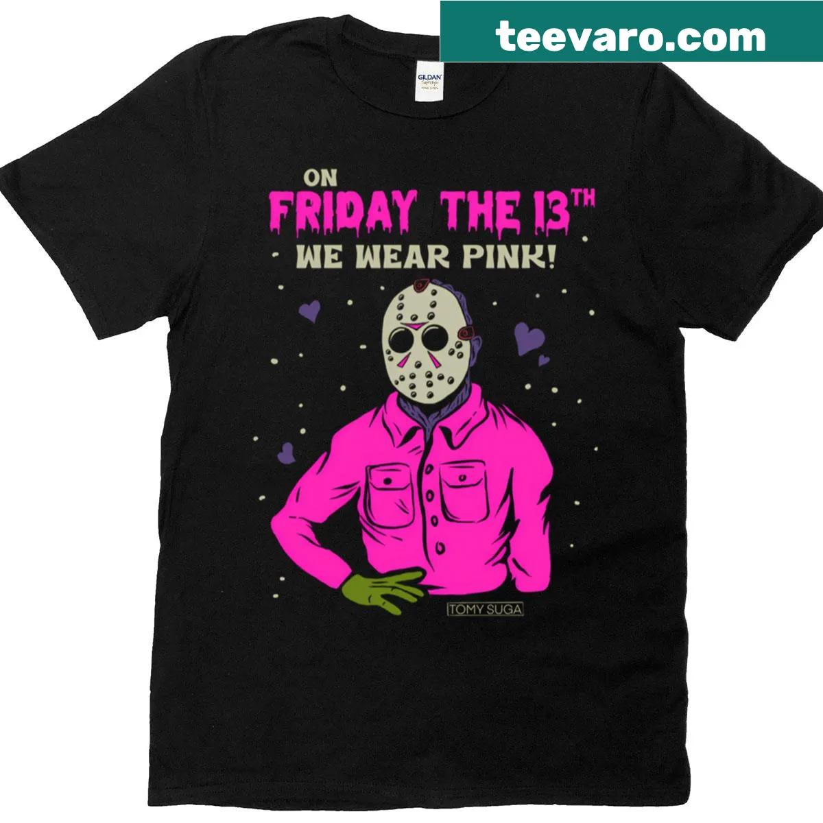 Playful typography shirt that celebrates Friday the 13th with a pink theme — on a men's t-shirt