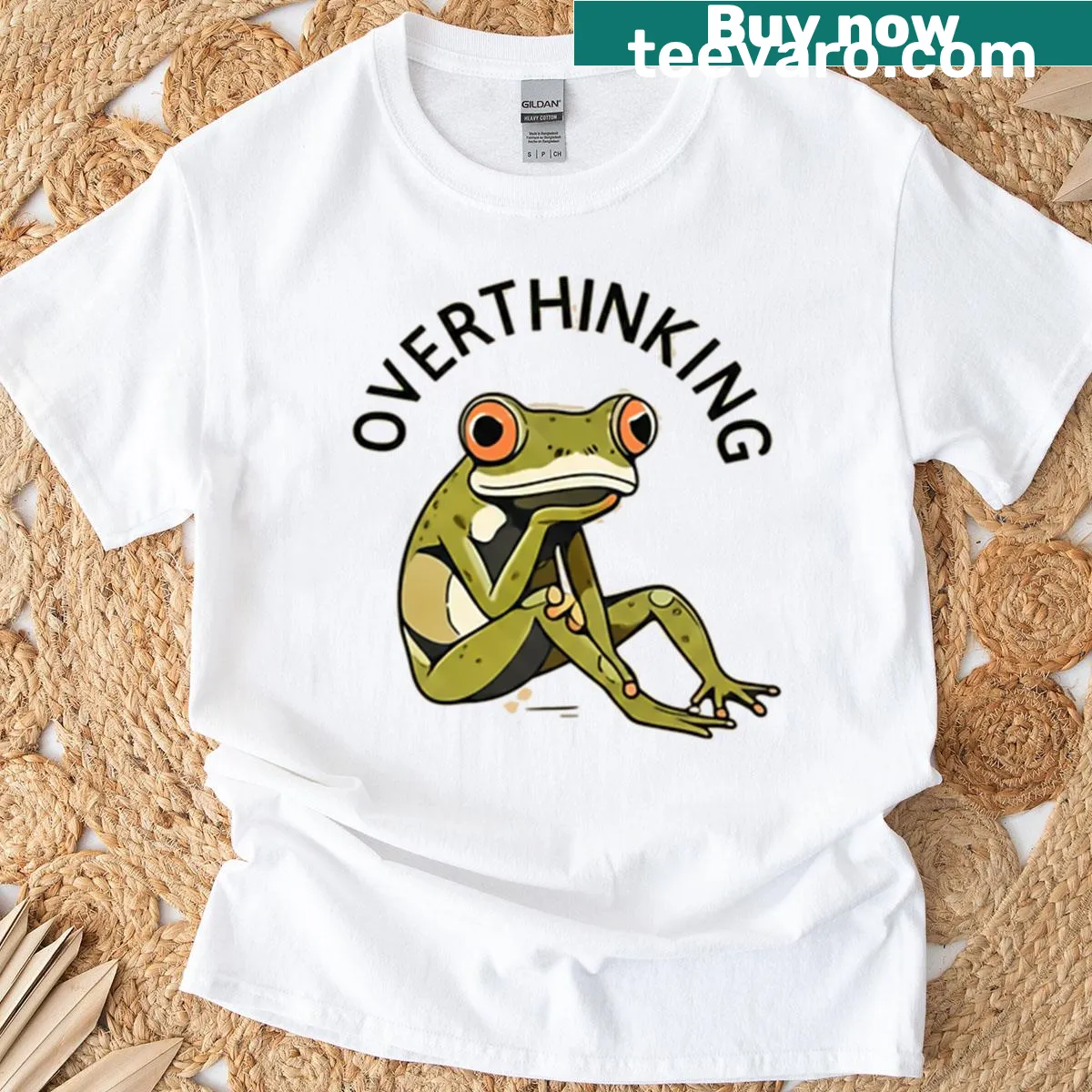 Whimsical frog graphic on oversized t-shirt about overthinking — on a men's t-shirt