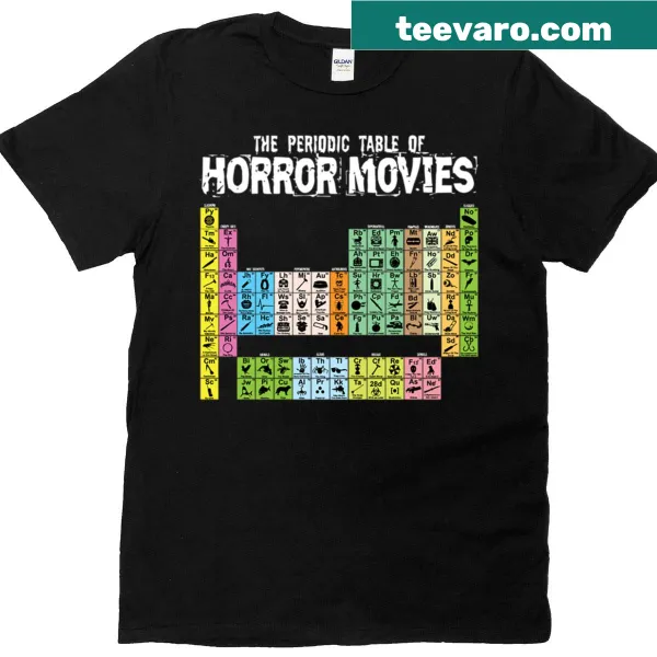 Halloween-themed periodic table graphic on a T-shirt