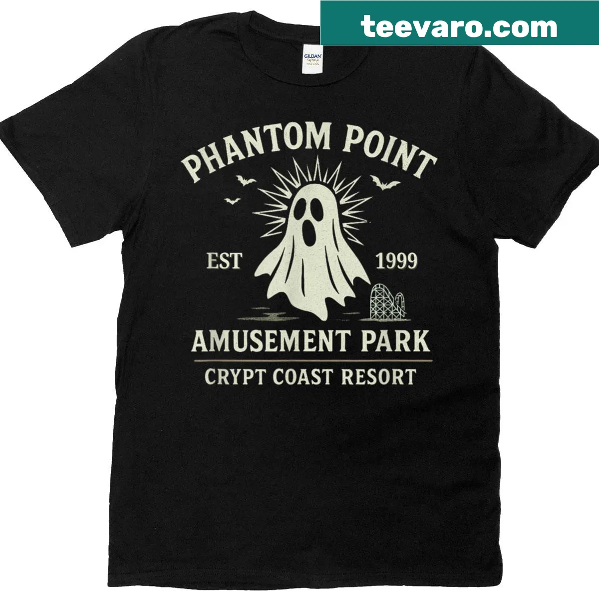 Vintage-style shirt with a retro Halloween ghost park flyer design — on a men's t-shirt