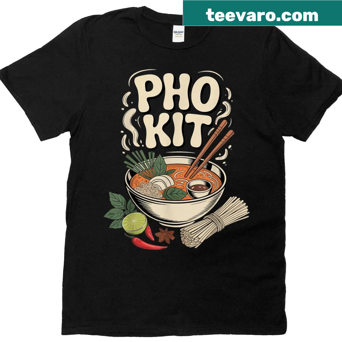 Illustration of pho noodles with herbs and lime on a T-shirt — on a men's t-shirt
