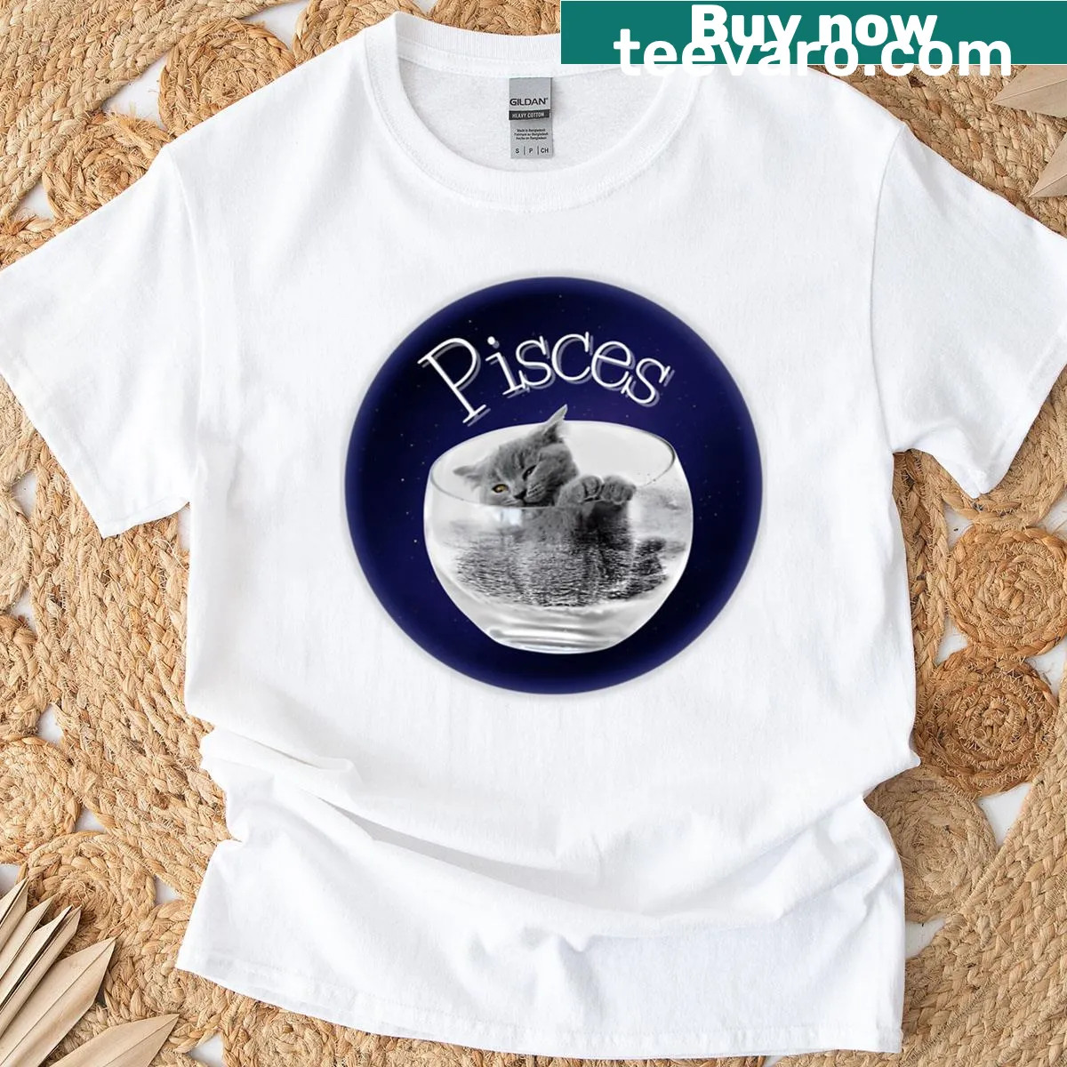 Adorable t-shirt featuring a cat in a bowl of water — on a men's t-shirt