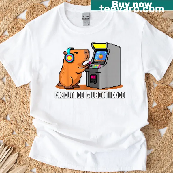 Pixelated capybara graphic on retro gaming T-shirt
