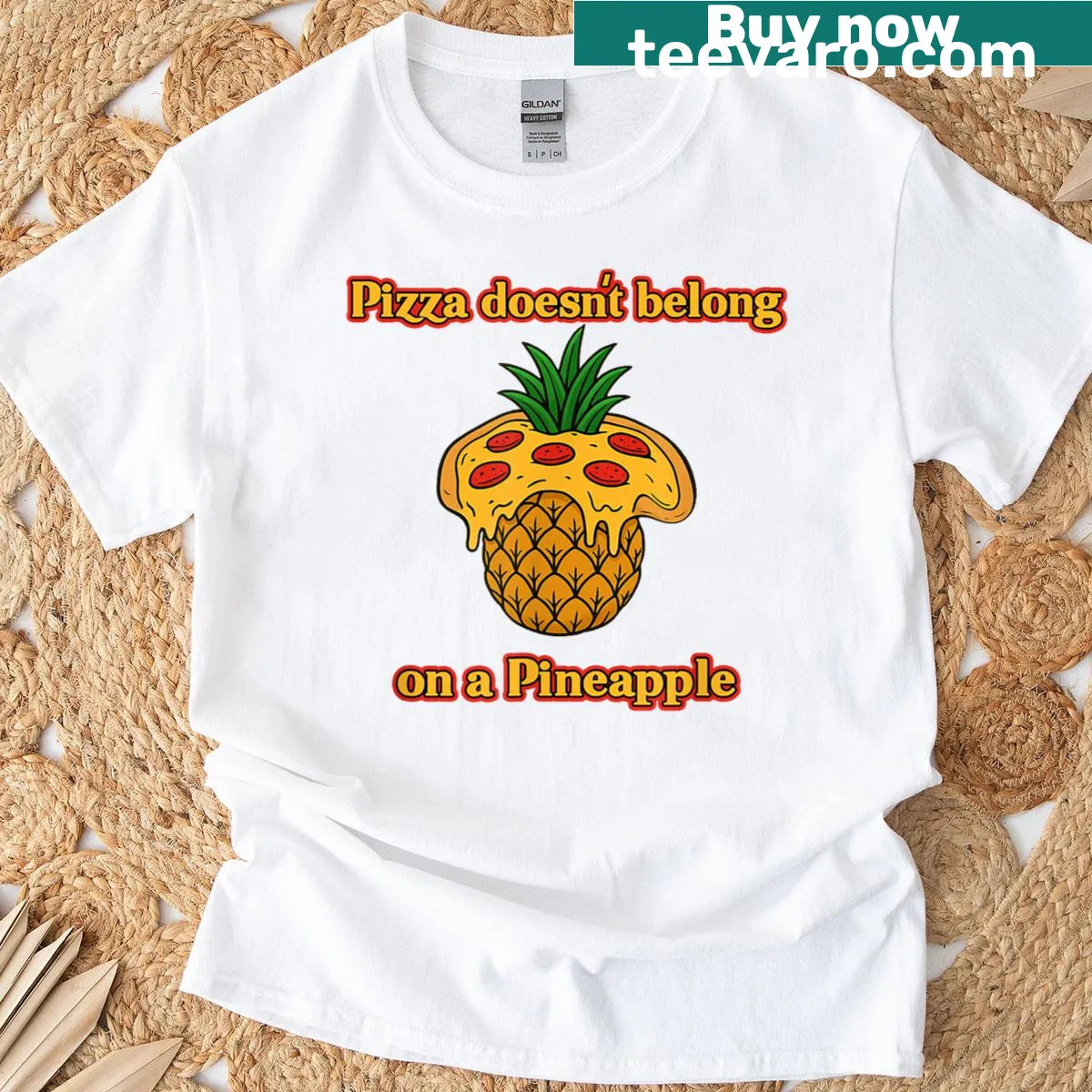Funny T-shirt stating pizza doesn't belong on pineapple — on a men's t-shirt