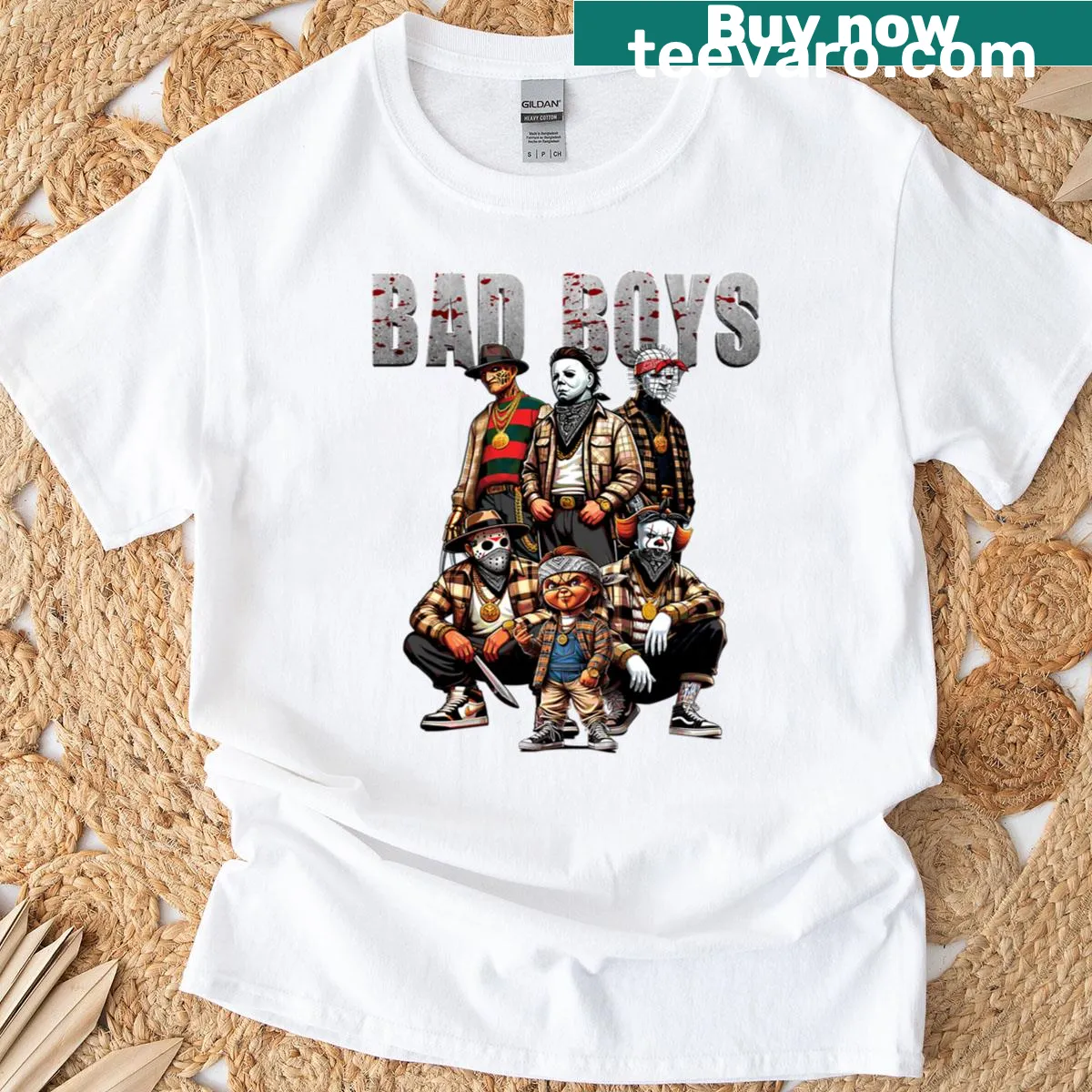 Plaid horror icons t-shirt featuring classic horror characters — on a men's t-shirt
