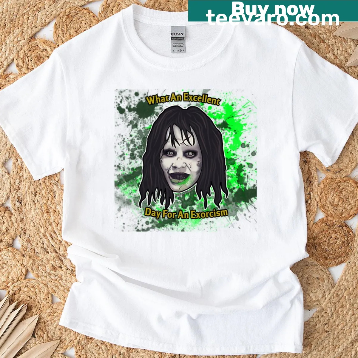 Illustrated T-shirt featuring a possessed girl graphic for horror fans. — on a men's t-shirt